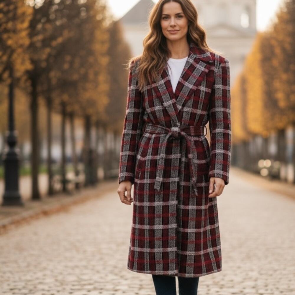 St. John Collection Red Plaid Trench Coat Womens Size 6 Belted Jacket Outerwear